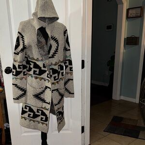 Hooded Aztec Knit Cardigan - Ivory & Black